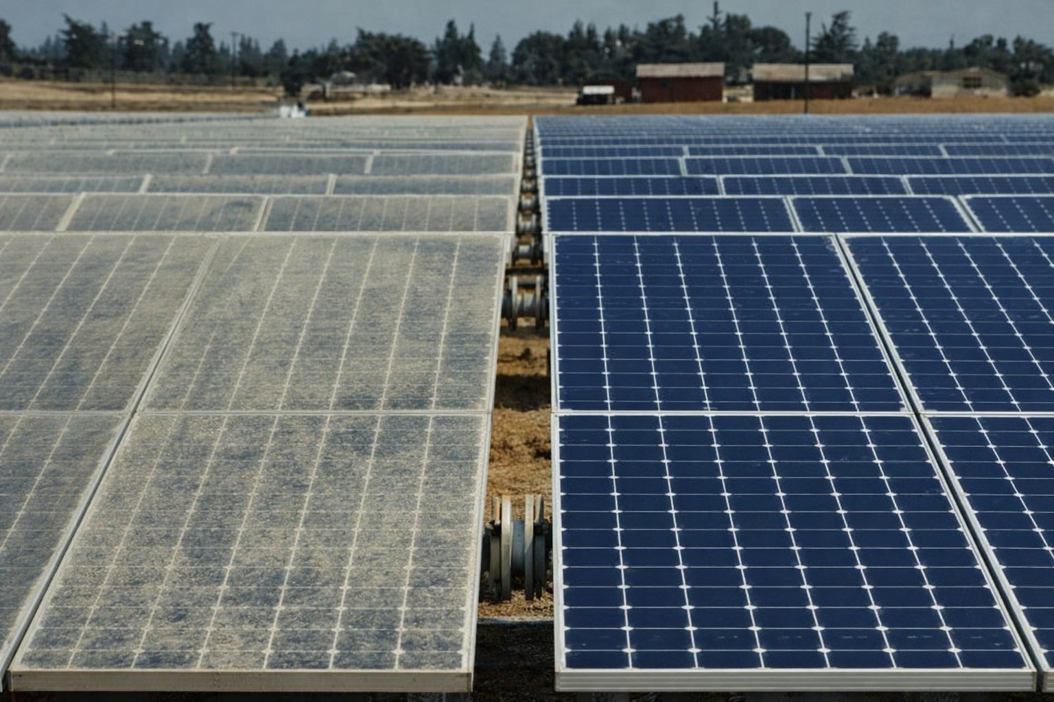 Placas solares sucias a la izquierda y limpias a la derecha